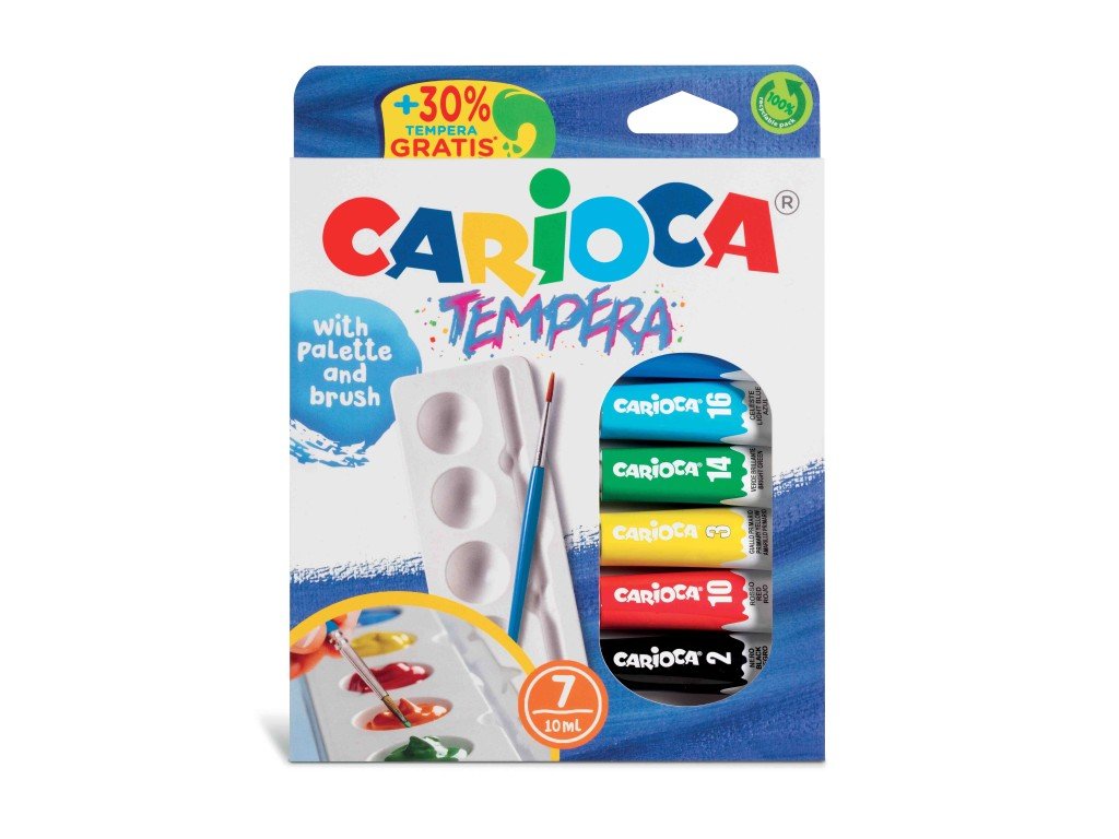 Acuarele tempera Carioca 7 culori 10 ml cu tăviță și pensulă