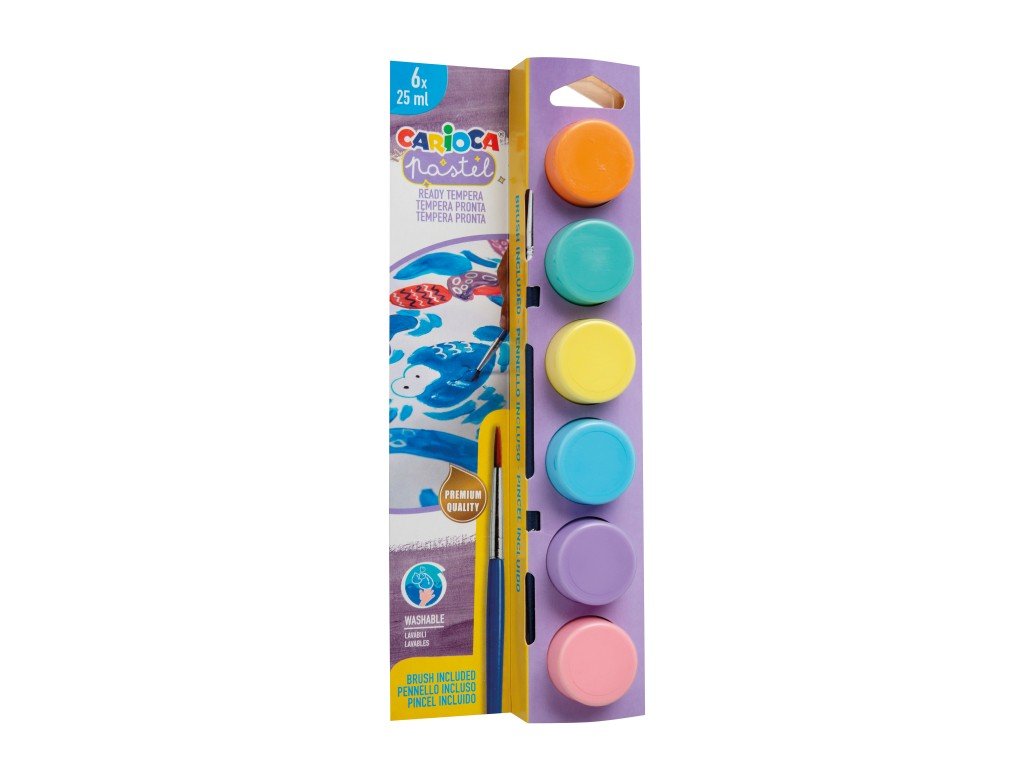 Acuarele tempera Carioca Pastel 6 culori x 25 ml + pensulă pe blister
