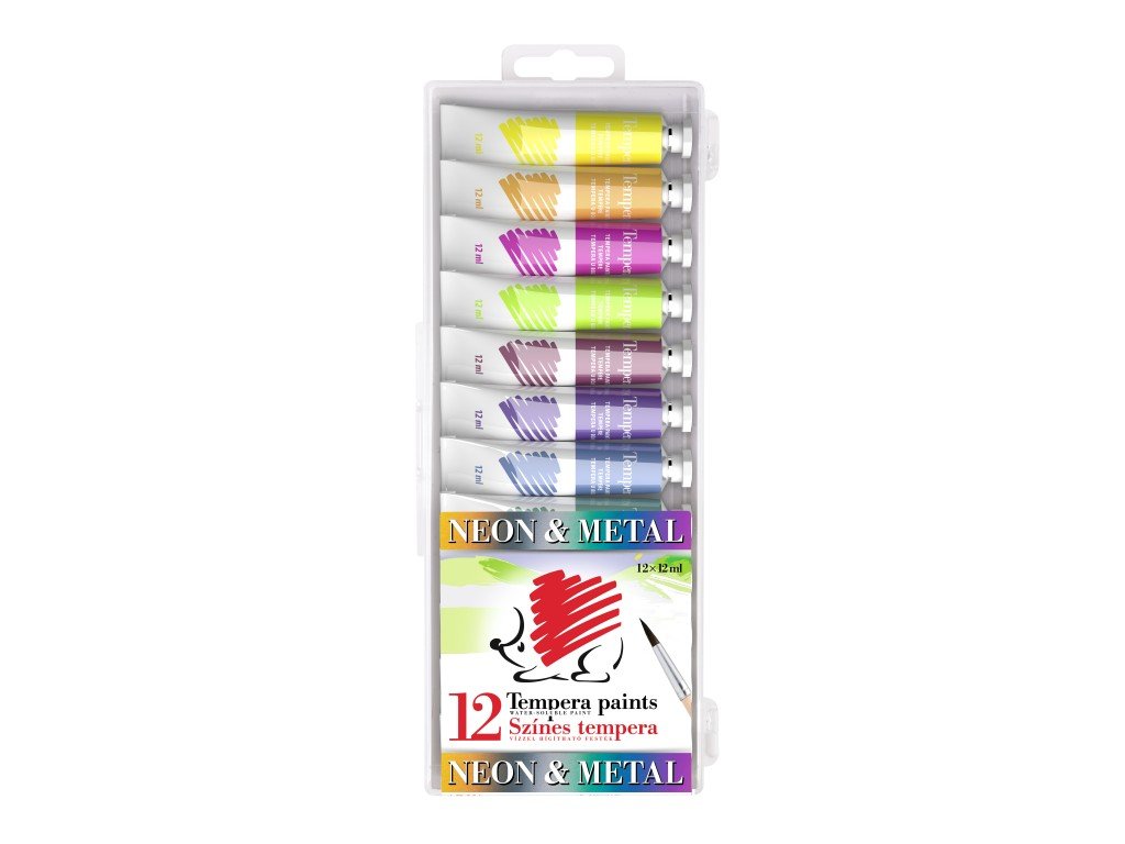 Acuarele tempera ICO Arici Neon și Metal 12 ml 12 culori/set